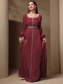 Solessence 女士优雅亮片拼接灯笼袖连衣裙，春夏 - 棗紅色 - 查看 3