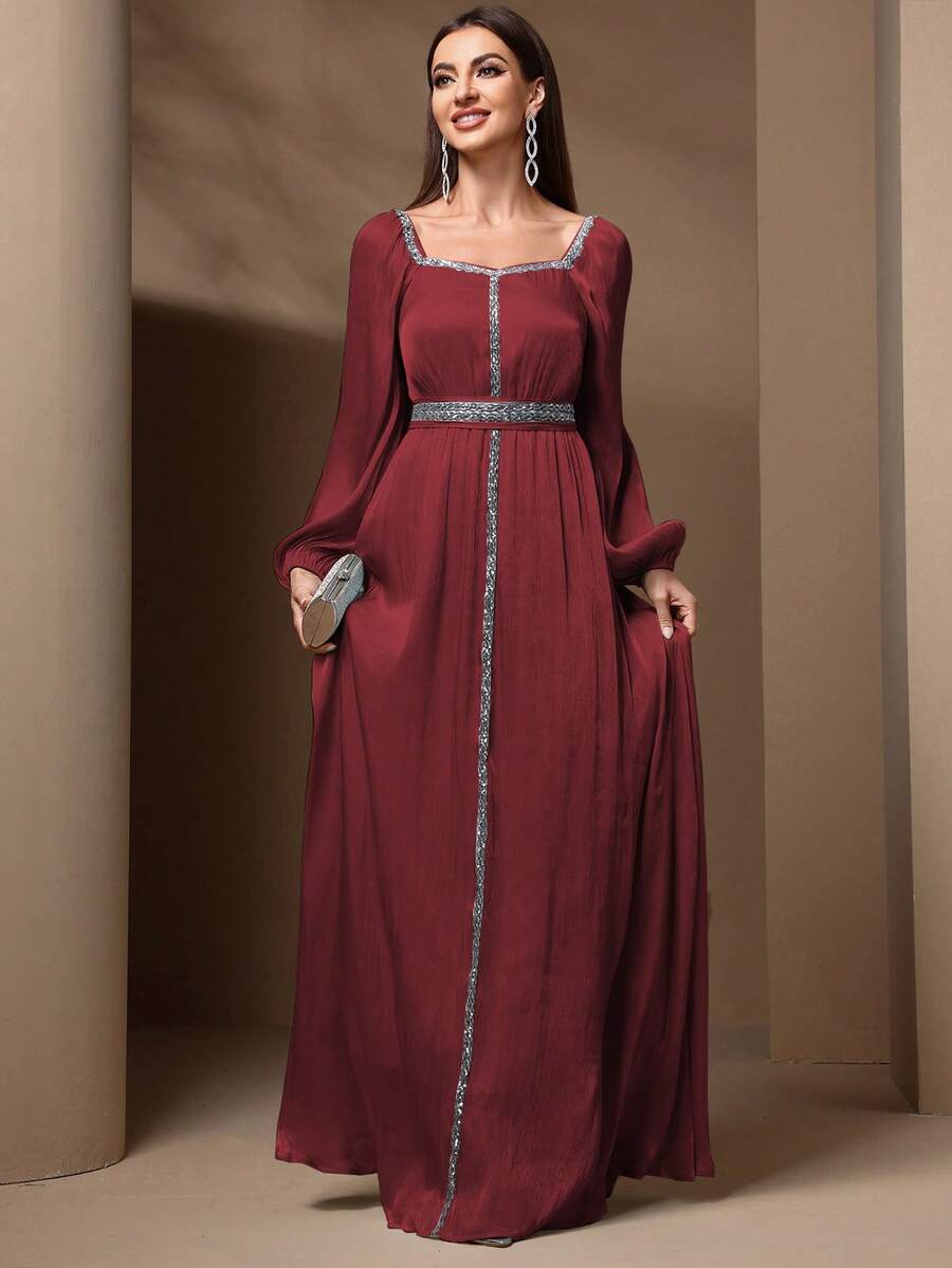 Women's Elegant Sequins Splicing Lantern Sleeve Dress, Spring/Summer - Red - View 1