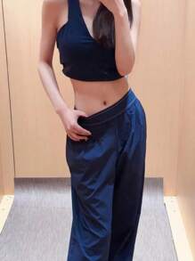 两件套速干面料提花松紧腰阔腿裤带侧袋日常休闲装