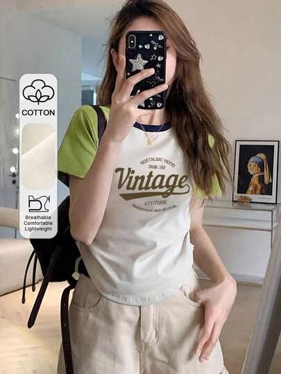 女式夏季短袖 T 恤，拼布撞色圆领字母印花休闲上衣，适合日常穿着和度假