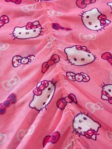 Sanrio 1 件女式 V 领 Hello Kitty 数码印花紧身吊带裙、细肩带、透视露背、女士太阳裙、夏季睡袍、娃娃装、性感内衣、性感内衣裙 - 粉色 - 查看 11