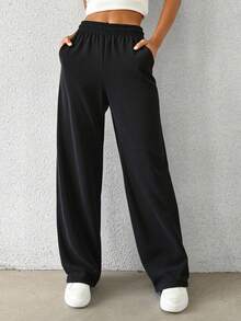 Pantalón rib mujer dama  casuales tiro alto corte recto estilo relajado comodidad máxima - Negro - Ver 3