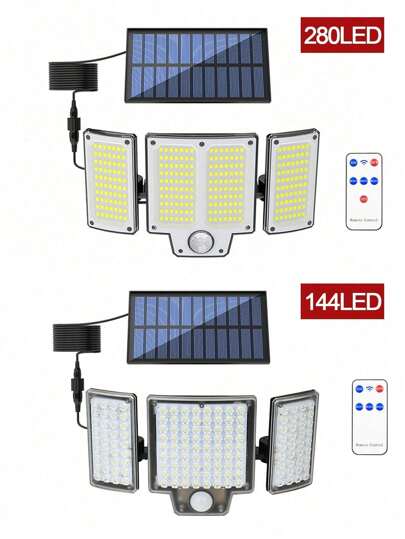 1pc 280/144 LED 3-Head Solar Outdoor Wall Light, 3 Lighting Modes, Waterproof, For Garage, Garden, Lawn, Yard, Porch Decor Lighting