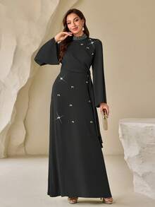 女士纯色立领、串珠领口、优雅长款缎面连衣裙（侧系带） - 黑色 - 查看 3