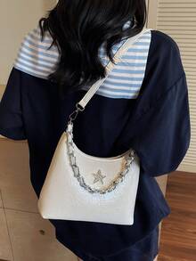 1 件女士纯色 PU 单肩斜挎包，时尚编织链条手提包，五星装饰手提包，适合约会、送礼、通勤、购物