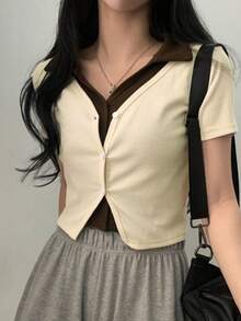 YCYC Korean Style Elegant Slimming 2 In 1 Short Sleeve Button-Up Top Summer - Apricot - View 1