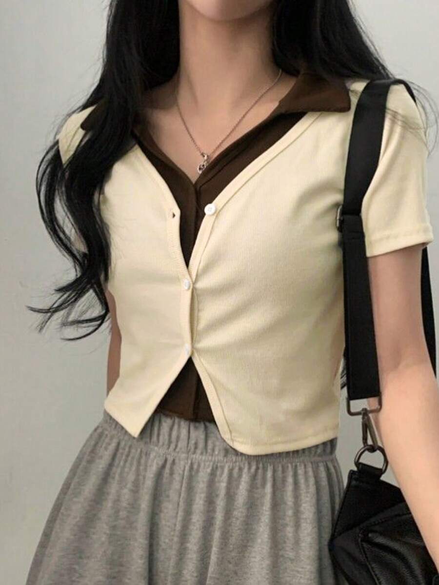 YCYC Korean Style Elegant Slimming 2 In 1 Short Sleeve Button-Up Top Summer - Apricot - View 1