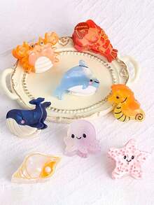 发夹 8 件彩色海洋小动物夹女士夏季海洋配饰贝壳刘海海豚侧夹章鱼螃蟹发夹海星发饰套装礼物发饰优雅爪夹，学校用品，大学