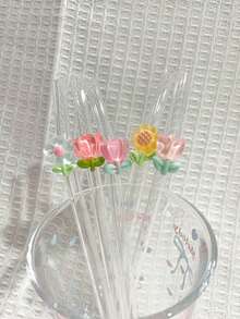 1/2 件花卉装饰耐热玻璃吸管，适合饮用果汁、奶茶、咖啡、冷饮，带有弧形设计和水果装饰、学校用品、礼品、餐厅、露营/旅行/夏季/度假/厨房、学校用品、礼物/情人节。 - 彩色 - 查看 6