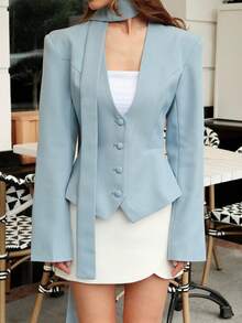 Women's Solid V-Neck Scarf Decor Button Front Casual Blazer Jacket, Long Sleeve, Office Wear, Spring/Autumn - Blue - View 5