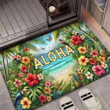 Floral & Letter Pattern Doormat, Tropical Flowers "Aloha" Doormat - Vibrant Hawaiian Party Theme With Palm Trees And Flamingos, Absorbent Flannel Printed Mat