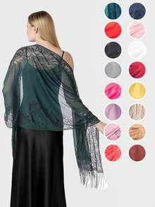 قطعة واحدة، وشاح كلاسيكي للسيدات، لون أحادي، مفرغ، قابل للتنفس ومزين بالشراريب، وشاح أناقة حريري لفستان السهرة الزفاف