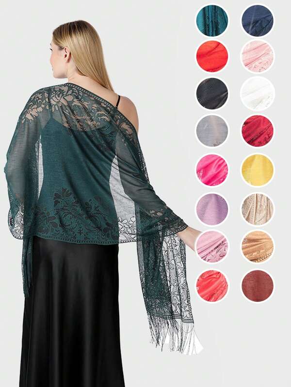 1pc Women's Classic Solid Color Hollow Out Breathable Lace Tassel Scarf, Fashion Bridal Evening Gown Party Shawl