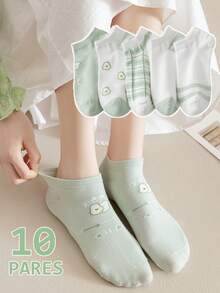 10 pares de calcetines tobilleros para mujer,calcetines tipo barco verde y blanco para todas las estaciones - Verde - Ver 1