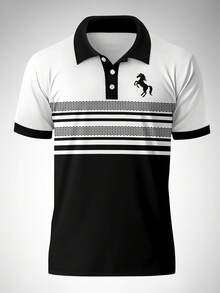 Plus Size Men's Business Casual Striped Horse Print Short Sleeve Polo Shirt - Black and White - View 2