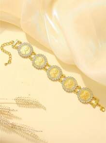 1pc Women's Gold Plated Turkish Coin Bracelet, Rhinestone Embellished, Middle Eastern Dubai Style Charm Bracelet, Wedding Jewelry Gift