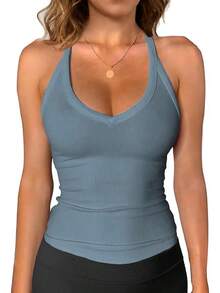 IGENJUN Workout Tops Women Racerback Basic Summer 2024 Camisole Ribbed Sleeveless - Màu xanh bụi bặm - Xem 1