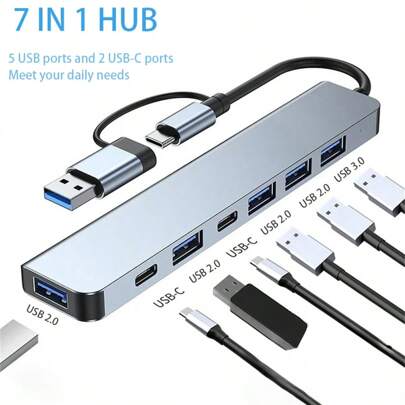 Aluminum Alloy 7-In-1 USB C / USB A Hub With USB 3.0 And USB 2.0 Ports, LED Indicator Lights, High-Speed Data Transfer, Compatible With Laptops, Tablets, Smartphones, Flash Drives, Keyboards, Mice, Card Readers, Hard Drives, OTG Adapters, Printers, Cameras, USB Fans And Other USB Peripherals