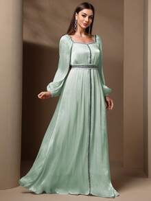 Women's Elegant Sequin Splice Lantern Sleeve Dress, Spring/Summer - Green - View 3