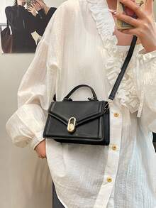 Arrow Design 时尚 PU 皮革手提包，2025 新款韩版托特包，纯色斜挎单肩包，小方包 - 黑色 - 查看 4