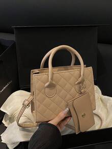 輕薄商務休閒拼花雙手提方形袋，附小袋適合十幾歲女生、女性大學生、初入職場的白領 workers。適用於辦公室、學院、工作、商務、通勤、戶外、旅行和郊遊。