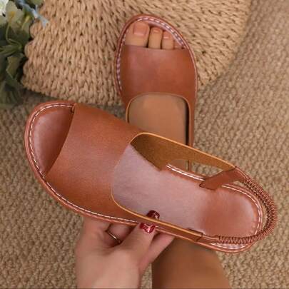 Women's Fashion Open Toe Sandals - Brown And Black, Flat, Rubber Sole, Comfortable Casual Slip On Sandals Suitable For Leisure Wear, Fashionable Summer Sandals