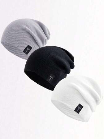3 Paquetes de Gorros de Invierno con Logo Tejido de Fe, Gorros Acanalados de Acrílico, Gorros Holgados, Gorros Tejidos para Exteriores para Hombres en Atuendos de Otoño