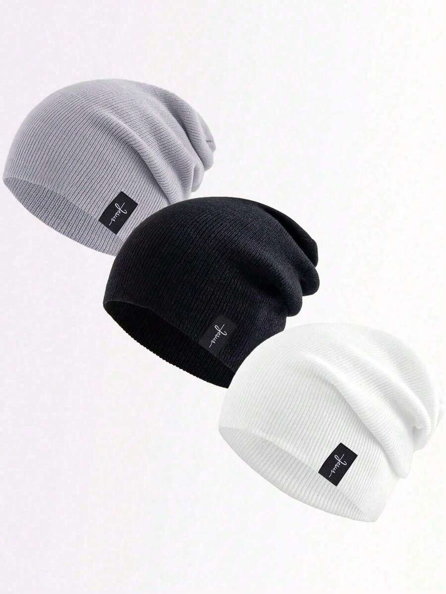 3 عبوات قبعة شتوية بشعار مضفر من الأكريليك، قبعة بيني مرتخية، قبعة محبوكة للرجال للخريف