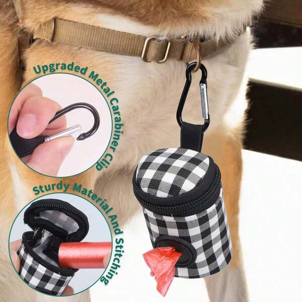 1 pieza Bolsa para recoger los desechos de mascotas para pasear al perro al aire libre, dispensador de bolsas para desechos de mascotas con estampado a cuadros de moda, bolsa de almacenamiento de material de poliéster duradero, herramienta ideal para propietarios de mascotas