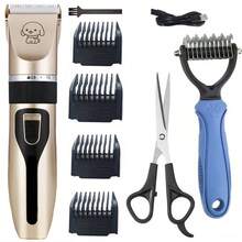 1 件专业宠物美容套装 - USB 充电电动修剪器，配有厚陶瓷刀片、刷子和测量工具套装，适用于猫和狗