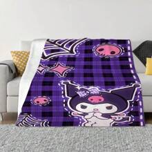 1 件 Sanrio Kuromi 图案柔软毛绒印花法兰绒毯，万圣节骷髅盖毯，适合床、沙发、办公室、露营 - 所有季节，送给家人和朋友的完美万圣节礼物，办公室膝毯 | 卧室装饰 | 蓬松涤纶，格纹设计，紫色盖毯 - 彩色 - 查看 9
