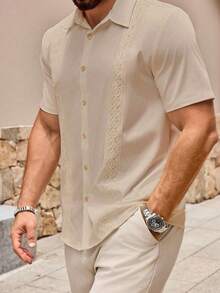 男士休闲纽扣短袖夏季沙滩衬衫 - 杏色 - 查看 1