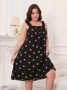Gaun Midi Tanpa Lengan Kasual Wanita Ukuran Plus Motif Ceri Bahan Chiffon dengan Pita dan Hem Bergelombang, Cocok untuk Semua Musim, Moo Moo - Hitam - View 4