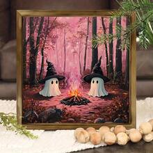 1pc Cute Witch Ghosts Print, Pinkoween, Pink Halloween Art Print, Spooky Vintage, Halloween Decor, Moody Wall Art, Dark Academia Print, Canvas Wall Art,Posters For Room,Home Decor,Room Decor Aesthetic,Room Decoration Stuff.Optional Frame. Fall Decor - 1pc - View 5