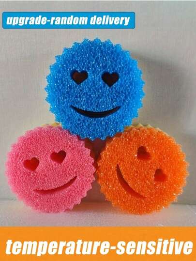 2-i-1-rengöringssvamp med hjärta och leende ansikte, dubbla lager, temperaturavkännande. Söt men kraftfull för fläckborttagning, dubbelsidig kökssvamp - temperaturavkännande, repfri, lämplig för disk och mer - svamphållare för flera ytor, passar modern diskho, för diskning (slumpmässig färg)