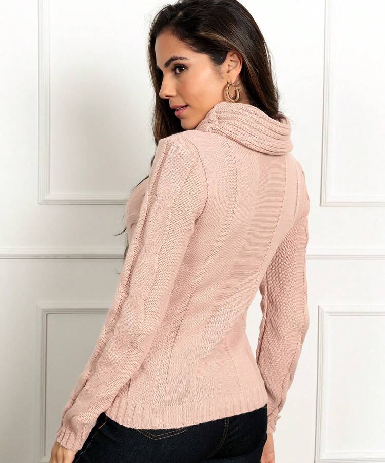 Knitted Blouse Boba Collar High Neck Blogger Braids - Rusty Rose - View 4