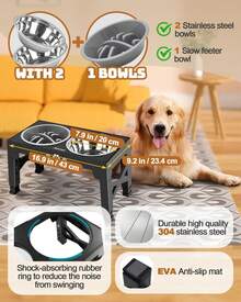 Jovrun Elevated Dog Bowls, Dog Feeder With 2 Stainless Steel Dishes &Amp;1 Slow Feeder Bowl, 5 Heights Adjustable Raised Stand For Medium Large, Food Dishes With Non-Slip Feet - For Medium Large dogs - 查看 2