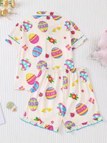 2 件女童彩色鸡蛋印花睡衣套装，儿童可爱连体衣配领扣衬衫，适合所有季节、家居服和派对 - 杏色 - 查看 2