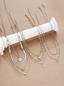 7/12pcs Fashion Minimalist Heart, Star, Snake, Cross, Butterfly Rhinestone Pendant Necklace Set, Gift For Women, Suitable For Date, Vacation, Party, Daily Wear
