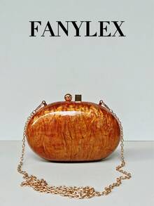 亚克力纹理闪亮手拿包，椭圆形金属小众复古硬壳包，配链条肩带，优雅精致的贝壳形单肩包，适合派对、宴会、舞会