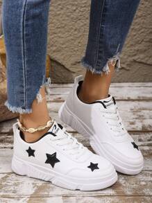 Zapatillas planas con cordones, nueva llegada 2025 para adolescentes de vuelta al colegio. Diseño de estrella de moda, casual de suela gruesa cómoda para uso diario y viajes, para mujeres de talla grande.