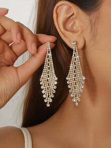 1 Pair Silver-Plated Fashion Tassel & Rhinestone Earrings Set, Suitable For Women Wedding Party Events - Silver - View 3