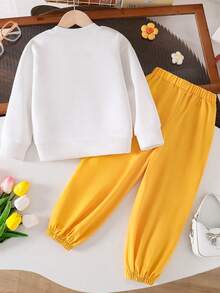 Tween Girl Floral Embroidered Warm Crew Neck Sweatshirt And Woven Long Pants Set - White - View 2