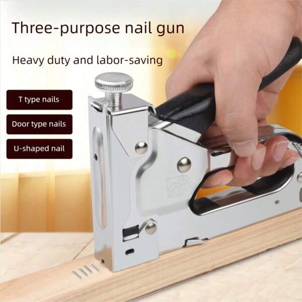 1 Piece, 3-In-1 Heavy-Duty Stapler Set, Manual Three-In-One Nail Gun, Staple Gun, Woodworking Manual Gun, U-Shaped, T-Shaped, Door-Shaped, Comes With 300 Staples, Suitable For Fixing Materials In Furniture, Decoration, Woodworking, Doors And Windows, And Other Fields.