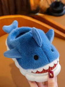 Kids Cute Cartoon Shark Pattern Thermal Slippers, Toddler Boys Girls Thick Plush Fur House Shoes