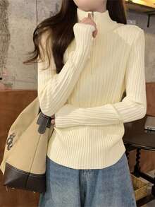 Women's Zip-Up Turtleneck Knitted Sweater Top, High-End, Long Sleeve, Layering Design, Fashionable, Autumn/Winter