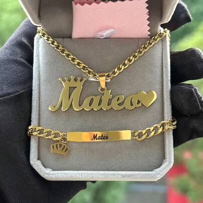 1 pieza Nuevo conjunto de joyería personalizada con nombre Acero inoxidable Amor Corona Colgante con nombre grabado, Acero inoxidable chapado en oro de 18k, Pulsera/Collar para adolescentes/niños/niñas, Moda de vuelta a la escuela, Organizador de viaje