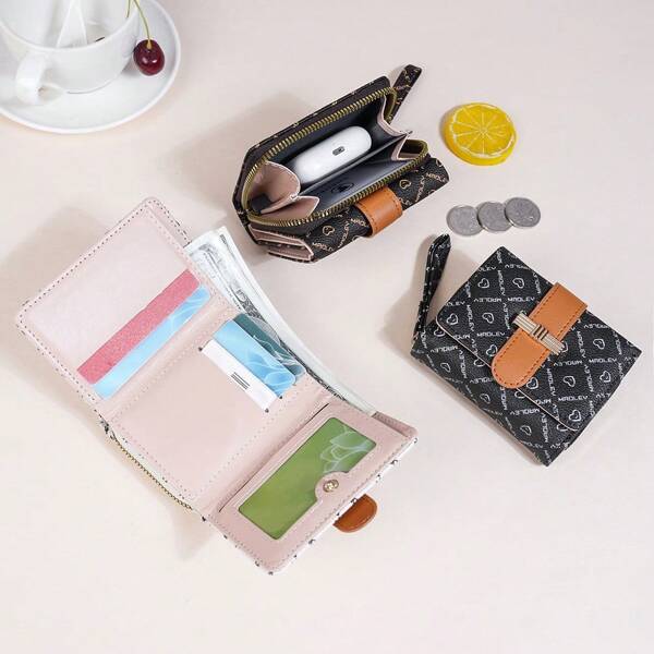 Fashion Textured PU Heart Print Snap Closure Multislot Compact Mini Wallet For Women Money Wallet Purse Wallet Small Wallet Cute Wallet