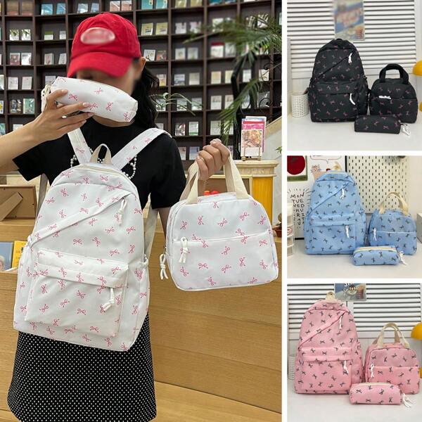 مجموعة من 3 قطع لحقيبة الظهر مزينة بطبعة القوس للنساء مع علبة أقلام، وحقيبة يد، خفيفة وواسعة لاستخدام الجامعة/المدرسة، مناسبة لموسم العودة إلى المدرسة شنطه جامعه شنط جامعات شنطة ظهر للسفر حقيبه جامعه