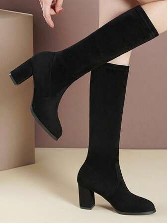 Women's Fashion Elastic Mid-Calf Boots, New Autumn/Winter Thick Heel High Heel Pointed Toe Suede Over-The-Knee Slim Leg Boots